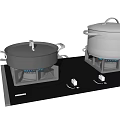 Modern Gas Stove Kitchen Appliance With Black Cooktop Blue Flame And Two Pans