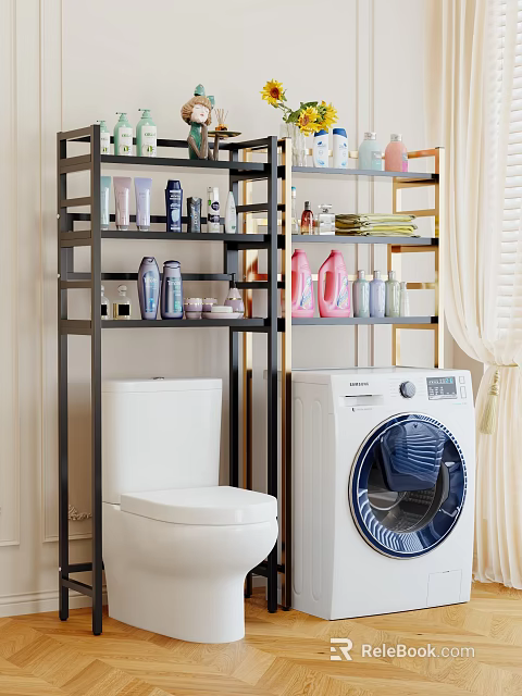 Bathroom Laundry Storage Shelf With Toiletries Cleaning Supplies Toilet And Washing Machine 3d model 