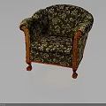 Vintage Classic Chair Design With Dark Floral Fabric Orange Wooden Armrests And Carved Legs