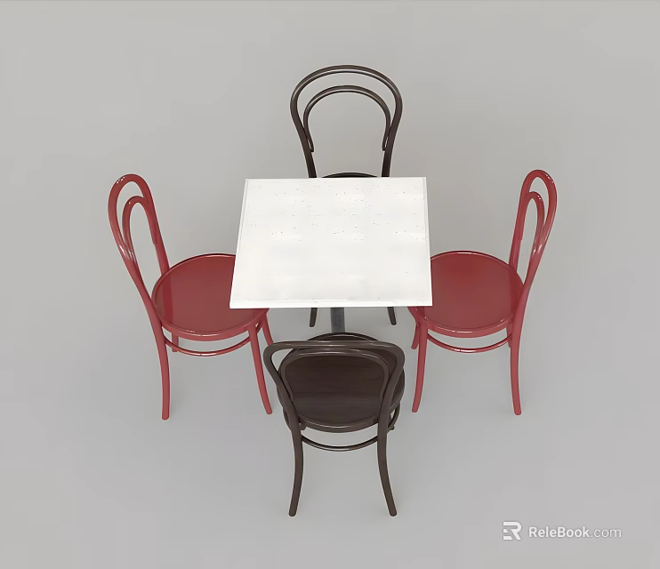 Square White Dining Table Set with Four Red and Dark Brown Curved Back Chairs 3d model
