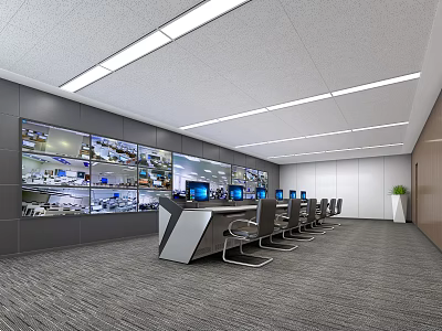 Well Lit Modern Security Monitoring Room With Multiple Screens And Control Consoles 3d model