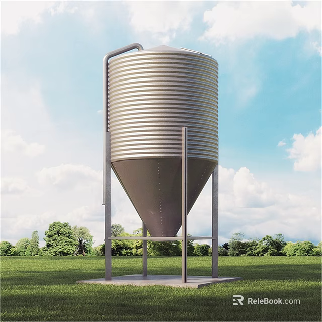 Agricultural Equipment Large Metal Storage Silo Set Against Green Grassland And Trees Under Cloudy Sky 3d model 