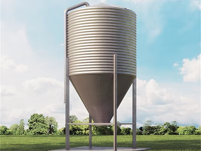 Agricultural Equipment Large Metal Storage Silo Set Against Green Grassland And Trees Under Cloudy Sky 3d model