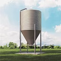 Agricultural Equipment Large Metal Storage Silo Set Against Green Grassland And Trees Under Cloudy Sky