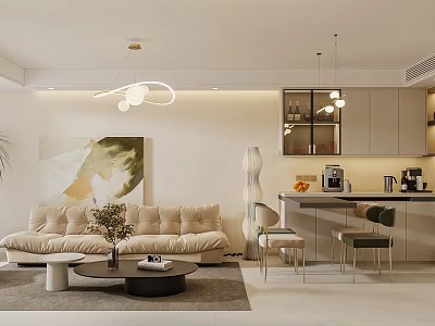 Modern Living Dining Room Interior Design With Beige Sofa Coffee Table Artwork And Pendant Lights 3d model