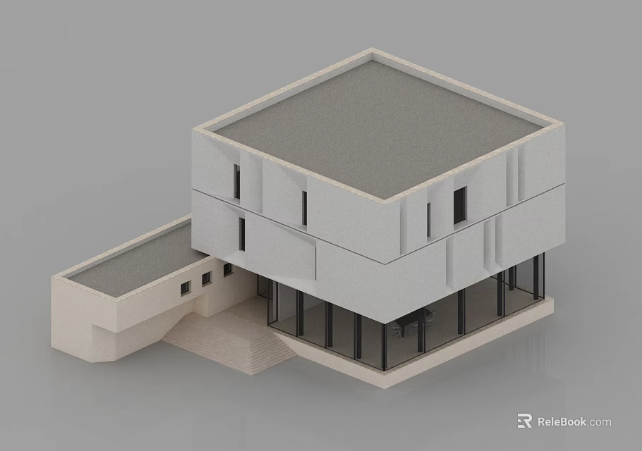Modern Single Family House with Cubic Structure Light Gray Exterior and Supporting Columns 3d model 