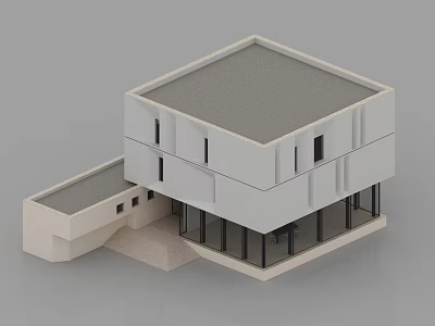 Modern Single Family House with Cubic Structure Light Gray Exterior and Supporting Columns 3d model
