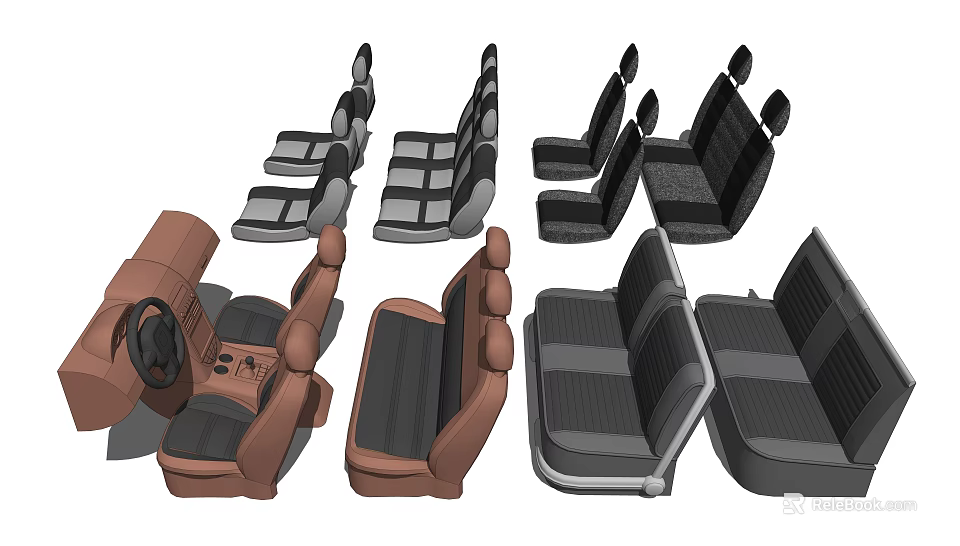 Car Seats Collection Featuring Driver Passenger Rear Seats in Brown and Black Colors 3d model 