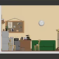 Cartoon Style Room Interior With Yellow Walls Window Blinds Green Sofa Wooden Desk Pink Carpet