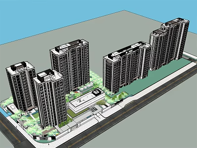 Modern Residential Complex With High Rise Buildings Greenery And Roads 3d model