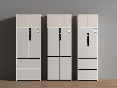 Modern White Refrigerators and Freezers Three Upright Units with Multi Door and Drawer Design 3d model
