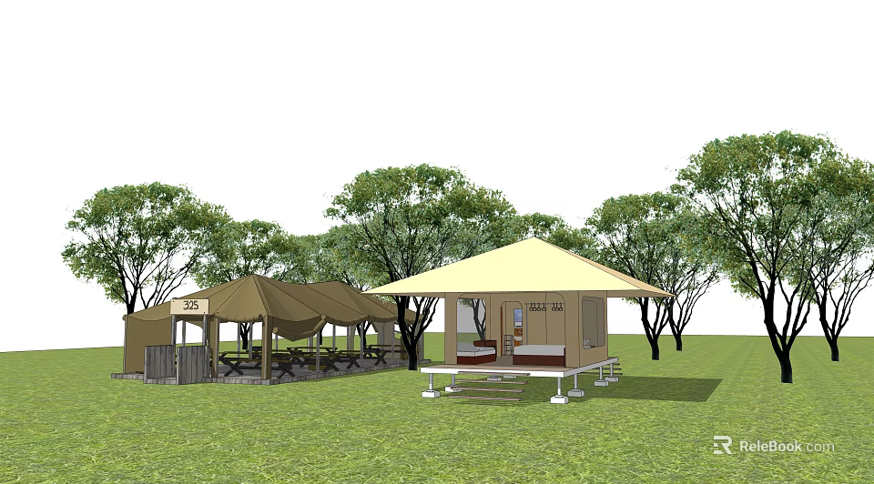 Yellow And Brown Tents Outdoor Camping Area With Green Grass Trees And Seating 3d model 