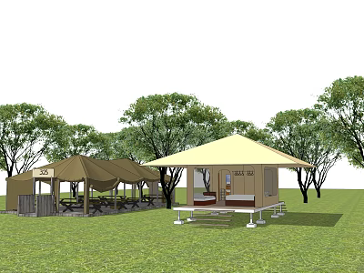 Yellow And Brown Tents Outdoor Camping Area With Green Grass Trees And Seating 3d model