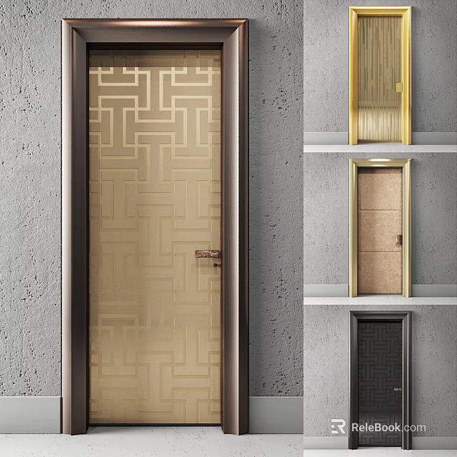 Flush Door Design With Golden Geometric Pattern Glass Panel And Brown Frame For Modern Interior 3d model 