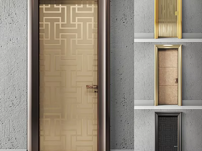 Flush Door Design With Golden Geometric Pattern Glass Panel And Brown Frame For Modern Interior 3d model