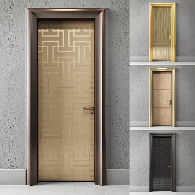 Flush Door Design With Golden Geometric Pattern Glass Panel And Brown Frame For Modern Interior 3d model