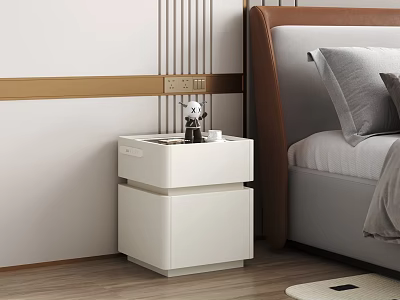 Modern White Bedside Table With Tiered Design And Small Decor In Bedroom With Brown Headboard 3d model