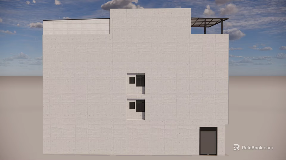 Modern Minimalist Building Exterior With White Walls Windows Black Door And Roof Overhang 3d model 
