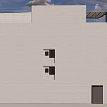 Modern Minimalist Building Exterior With White Walls Windows Black Door And Roof Overhang
