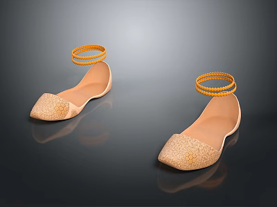 Beige Flat Shoes With Kitten Shaped Decorations And Golden Ankle Rings Shiny Details 3d model