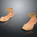 Beige Flat Shoes With Kitten Shaped Decorations And Golden Ankle Rings Shiny Details