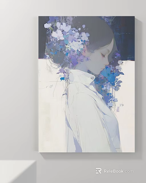 Artistic Female Portrait with Purple and White Flowers in Hair and White High Necked Dress 3d model 