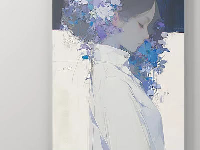 Artistic Female Portrait with Purple and White Flowers in Hair and White High Necked Dress 3d model