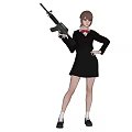 Woman Standing In Black Pleated Skirt Holding Rifle With Red Bow Tie