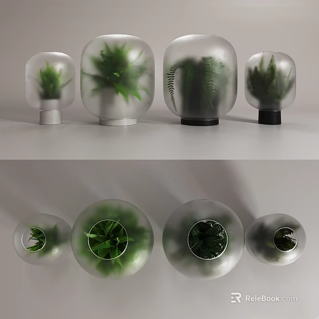 Decorative Ornament Set with Frosted Glass Vases Green Plants Various Sizes and Bases 3d model 