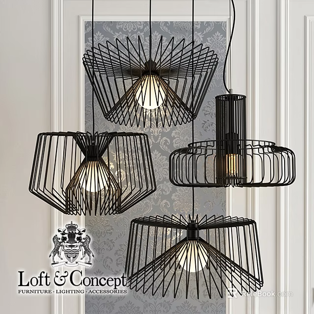Modern Black Metal Chandeliers With Geometric Wire Frame For Home Interior 3d model 
