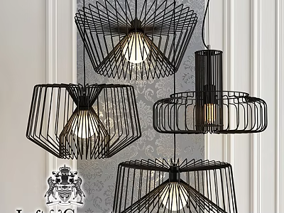 Modern Black Metal Chandeliers With Geometric Wire Frame For Home Interior 3d model