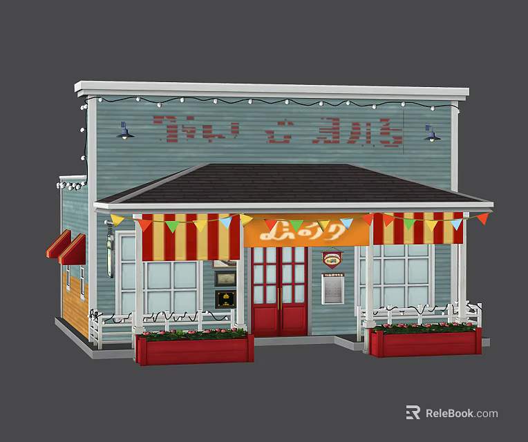 Cartoon Small Shop Storefront With Blue Exterior Red Door Striped Awning And Colorful Flags 3d model 