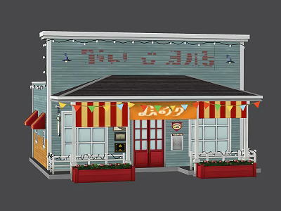 Cartoon Small Shop Storefront With Blue Exterior Red Door Striped Awning And Colorful Flags 3d model
