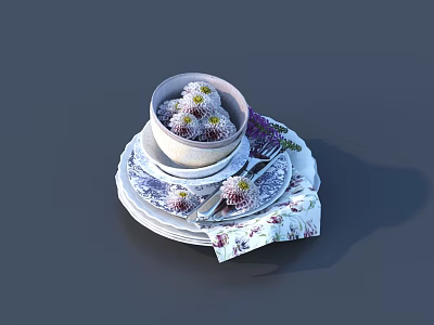 Dinnerware Set With Stacked Bowl Plates Strawberries Fork And Floral Pattern Napkin 3d model