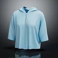 Light Blue Hooded Short Sleeve Zipper Casual Sweatshirt With Loose Fit Design