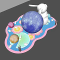 White Rabbit Sculpture With Blue Moon Sphere And Colorful Decorative Spheres