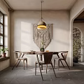 Rustic Living And Dining Room Interior With Wooden Ceiling Chandelier Sofa Coffee Table Arched Windows