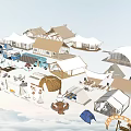 Various Outdoor Camping Tents And Equipment With Camping Car Tables And Chairs