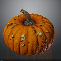 Vibrant Orange Pumpkin With Brown Stem And Yellow Black Spots On Reflective Black Background