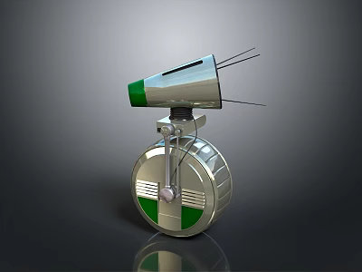 Silver Green Mechanical Robot Character With Wheel Base Horn Shaped Head And Antennas 3d model
