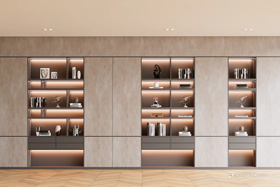 Modern Bookcase Interior With Multi Compartment Design LED Lighting And Decorative Ornaments 3d model