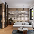 Modern Living Dining Room Interior With Sofa Coffee Table Dining Table Staircase And Wooden Shelves