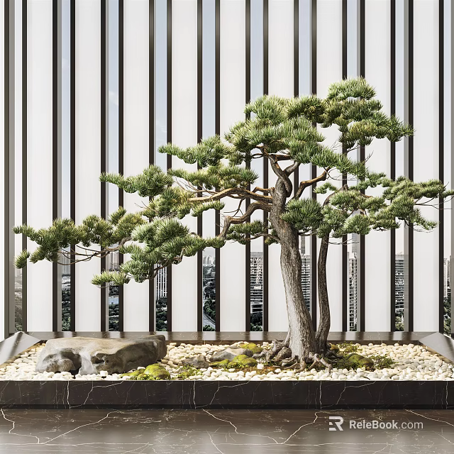 Indoor Decorative Bonsai Tree With Green Foliage Rocks Moss And Modern Design 3d model 