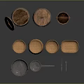 Rustic Decorative Ornament Set With Wooden Barrels Wicker Baskets And Metal Utensils