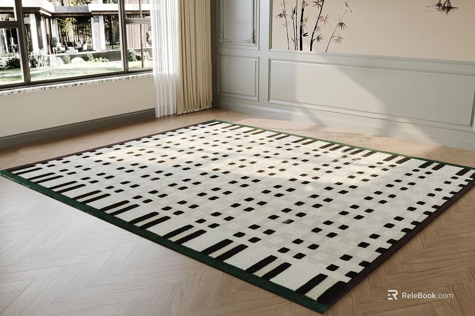 Contemporary Square Rug With Black White Geometric Pattern For Modern Living Room Interior 3d model 