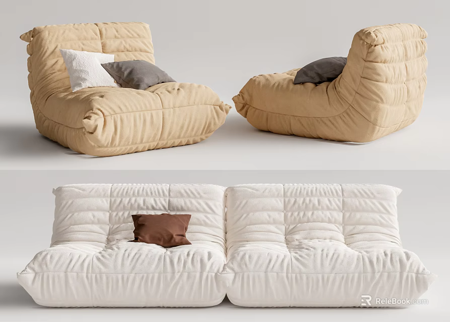 Modern Beige And White Quilted Sofa Set With Plush Colored Pillows For Living Room 3d model 