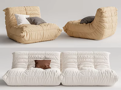 Modern Beige And White Quilted Sofa Set With Plush Colored Pillows For Living Room 3d model