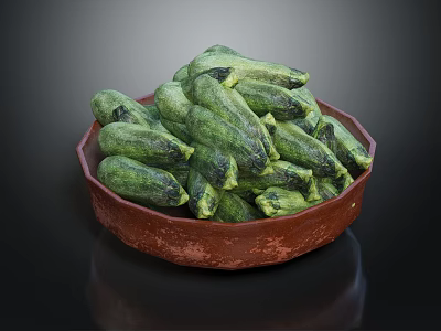 Pile of Fresh Green Zucchini in Brown Clay Bowl on Dark Background 3d model
