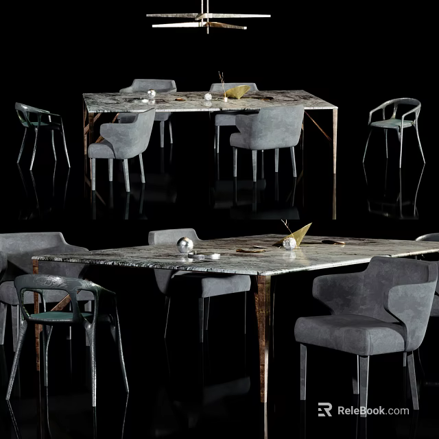 Elegant Modern Dining Table Set With Gray Chairs And Marble Top 3d model 
