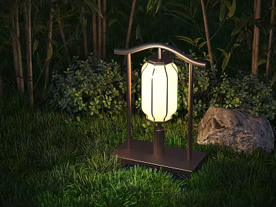 Illuminated Outdoor Lantern With Bamboo Background On Green Grass And Stone 3d model
